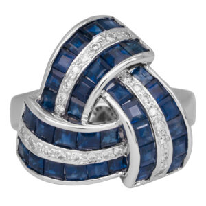 white gold ribbon ring set with princess sapphires and round diamonds