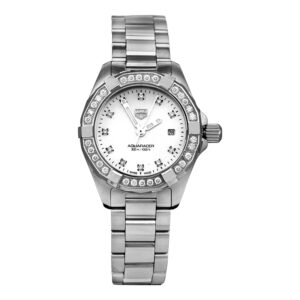 stainless steel TAG Heuer watch with a mother-of-pearl diamond dial and diamond bezel