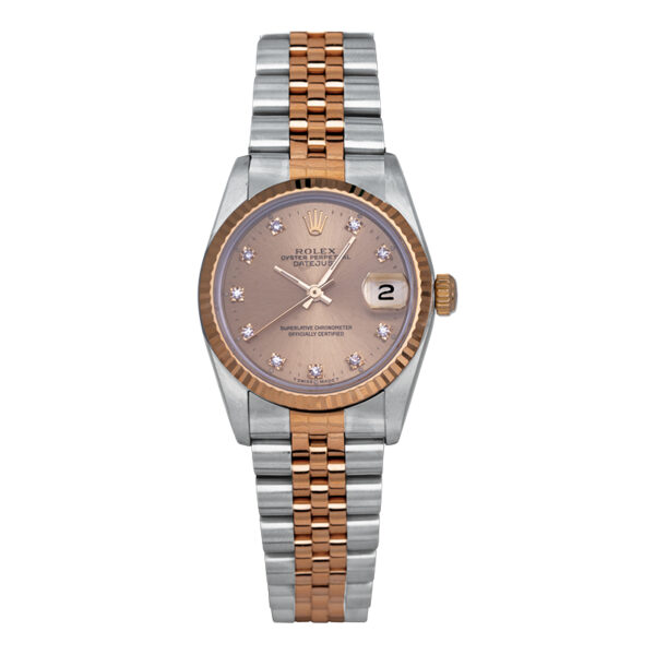 ladies rolex in stainless steel and yellow gold with a champagne diamond dial