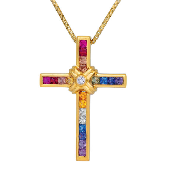 yellow gold cross pendant set with princess cut rainbow sapphires and a single round diamond in the center