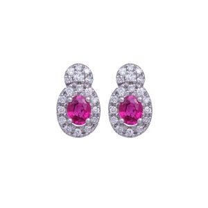 Vintage 1.02 Carats Ruby & Diamond Halo Drop Earrings