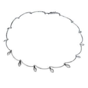 white gold drop station necklace set with small round diamonds