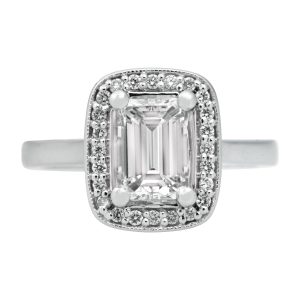Vintage 1.46 Carats Emerald Cut Diamond Halo Engagement Ring
