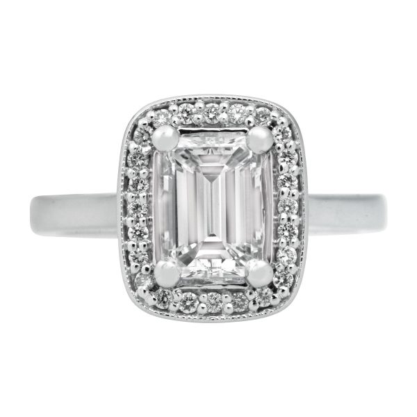 Vintage 1.46 Carats Emerald Cut Diamond Halo Engagement Ring