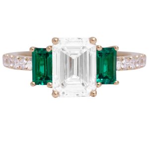 New Chatham 2.74 Carats Lab-Grown Emerald & Diamond 3-Stone Ring