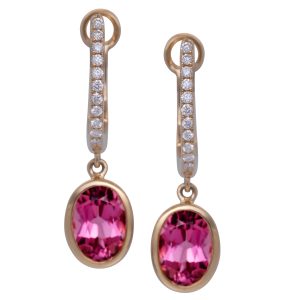 New 1.81 Carats Pink Tourmaline & Diamond Huggie Drop Earrings