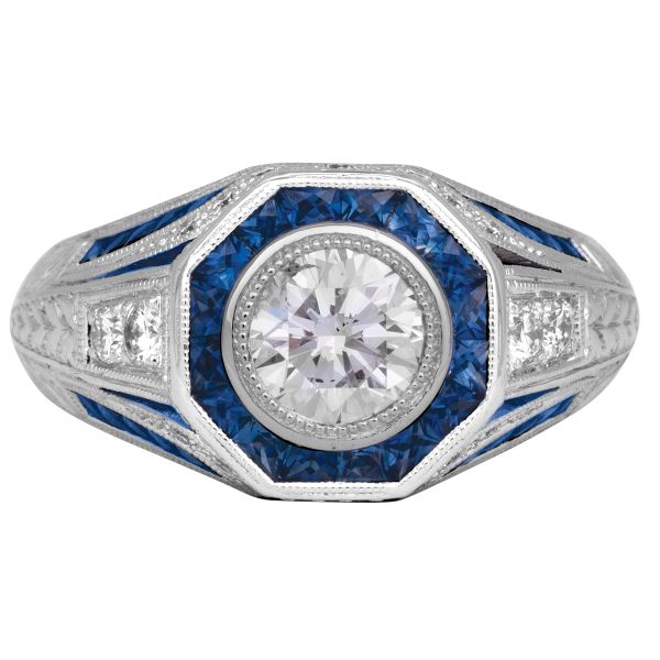 Vintage Beverly K 1.10 Carats Diamond & Sapphire Art Deco Style Ring