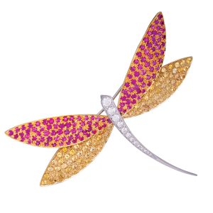 Vintage 6.45 Carats Multicolor Sapphire & Diamond Dragonfly Brooch