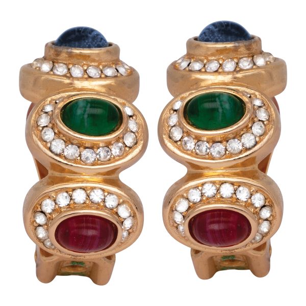 Vintage Christian Dior Gemstone & Rhinestone Half Hoop Clip-On Earrings