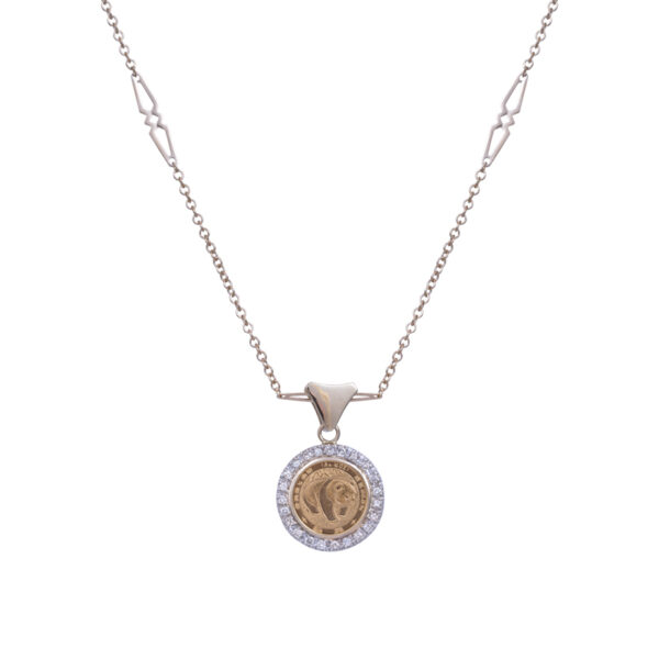 gold panda coin pendant surrounded by a diamond halo