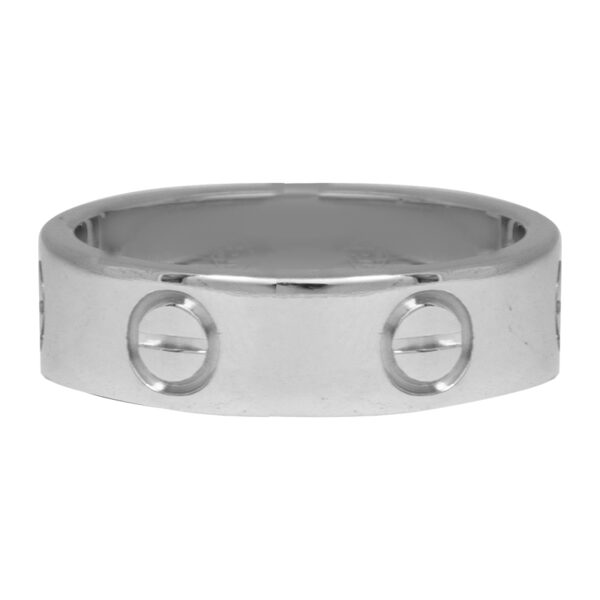white gold cartier love ring, wide band with circle and line through it