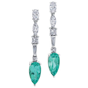 white gold dangle earrings set with green chrysoberyl pear stones and multiple cuts of diamonds above it