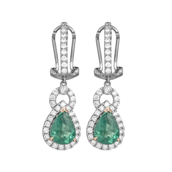 white gold fancy drop earrings set with pear emeralds and surrounded by white diamonds