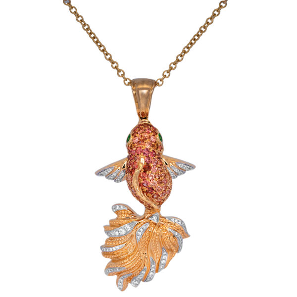yellow gold Koi Fish pendant set with orange sapphires & diamonds