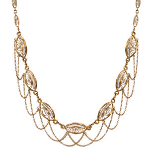 fancy antique gold link necklace strung with seed pearls