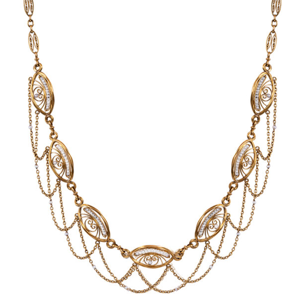 fancy antique gold link necklace strung with seed pearls