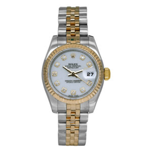 stainless steel and yellow gold rolex with a silver diamond dial