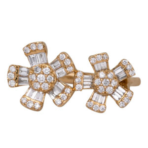 yellow gold flower motif earrings set with small round and baguette diamonds