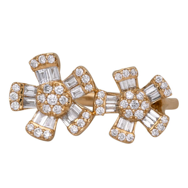 yellow gold flower motif earrings set with small round and baguette diamonds