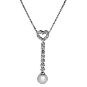 White gold heart drop pendant set with a 7mm white pearl at the bottom, and a heart as the bail