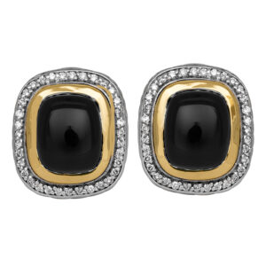 david yurman earrings with silver and gold featuring cushion shaped black onyx & round brilliant diamond haloes