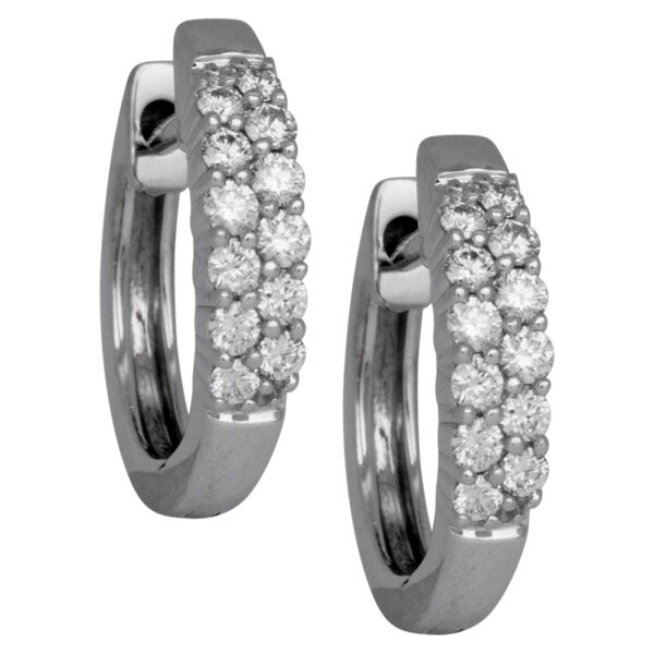 white gold 2-row huggie hoop earrings set with round diamonds