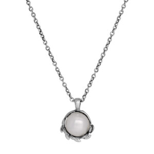sterling silver tiffany & co. pendant set with a pearl surrounded by sculpted olive leaves