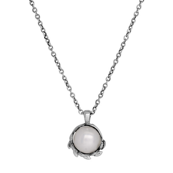 sterling silver tiffany & co. pendant set with a pearl surrounded by sculpted olive leaves