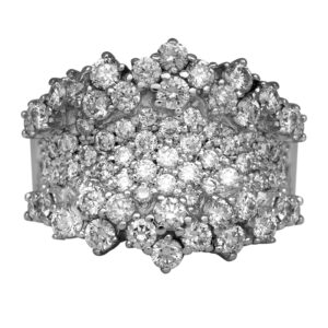 white gold wide band set with many round brilliant diamonds