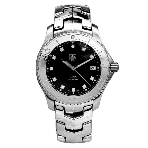 tag heuer watch in stainless steel with a black diamond dial