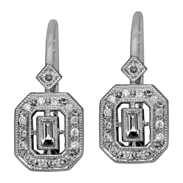 white gold halo drop earrings set with baguette diamonds and round brilliant diamonds in the octagon haloes