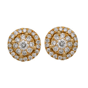 yellow gold cluster halo earrings set with round brilliant diamonds