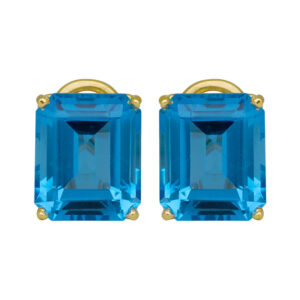 yellow gold studs with emerald cut Swiss blue topaz