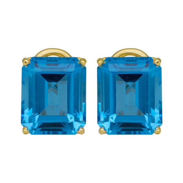 yellow gold studs with emerald cut Swiss blue topaz