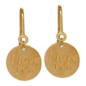 yellow gold drop earrings in the shape of coins that say I Love You on them