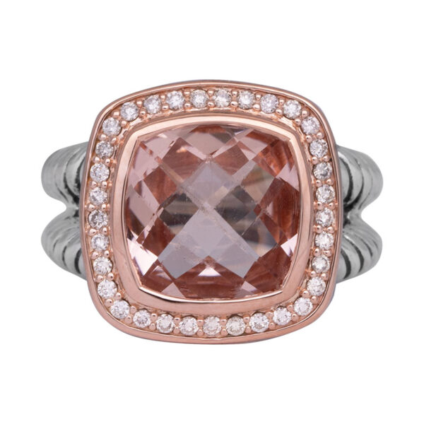 sterling silver and yellow gold david yurman ring with a cushion cut morganite surrounded by a diamond halo