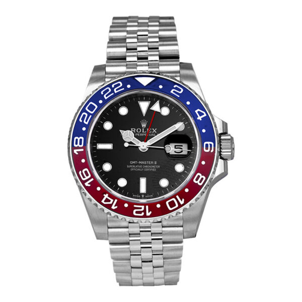 stainless steel rolex with a black dial and "Pepsi" red & blue ceramic bezel