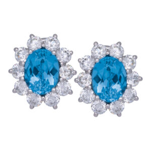 Tiffany & co. white gold halo earrings set with aquamarine centers surrounded by diamond haloes