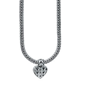 sterling silver heart john hardy pendant set with small diamonds and woven wire detail