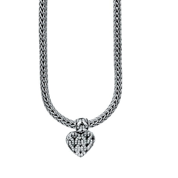 sterling silver heart john hardy pendant set with small diamonds and woven wire detail