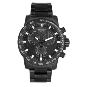 All black Tissot chronograph watch with white index and bezel numbers