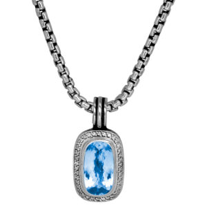 sterling silver david yurman pendant centered with an elongated cushion blue topaz surrounded by a round brilliant diamond halo