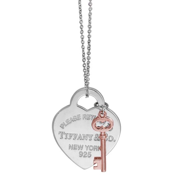 sterling silver tiffany heart tag pendant with rubedo (rose colored precious metal) key charm