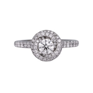 white gold Vera Wang halo engagement ring with a round brilliant diamond swirl motif halo