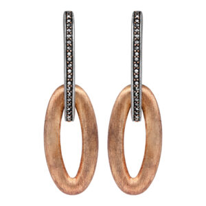 silver and rose gold oval drop earrings set with small single cut marcasite