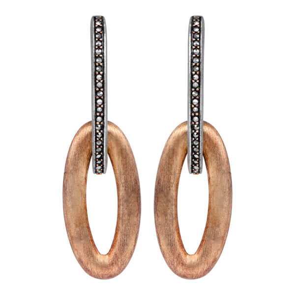 silver and rose gold oval drop earrings set with small single cut marcasite