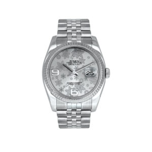 stainless steel rolex with silver floral dial, white gold bezel and jubilee bracelet