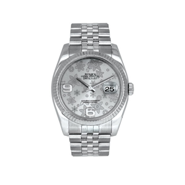 stainless steel rolex with silver floral dial, white gold bezel and jubilee bracelet