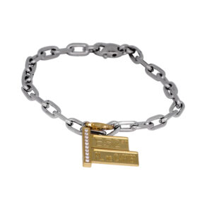 white gold link bracelet with a yellow gold street sign charm with round brilliant diamonds