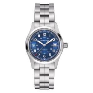 stainless steel watch with a blue dial and white Arabic index